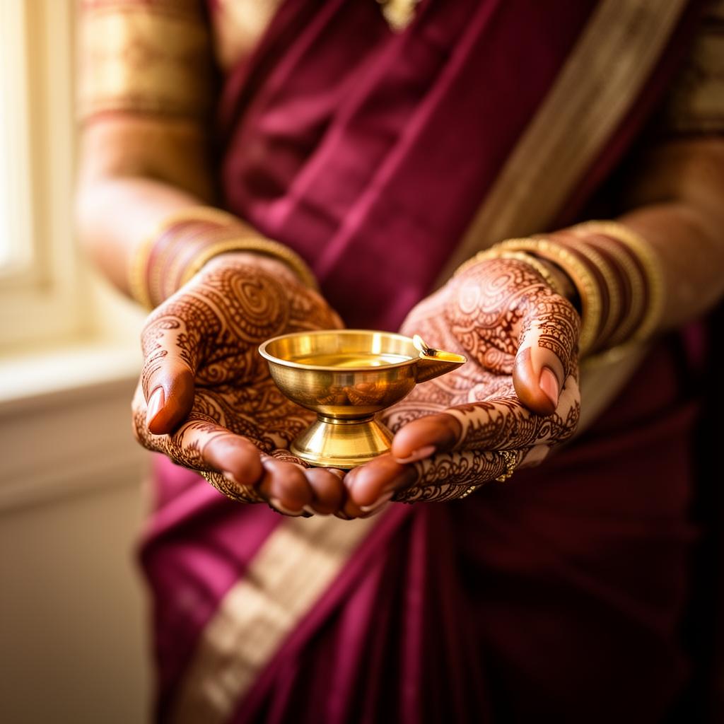 A bride's mehendi-adorned hands cradling a brass diya