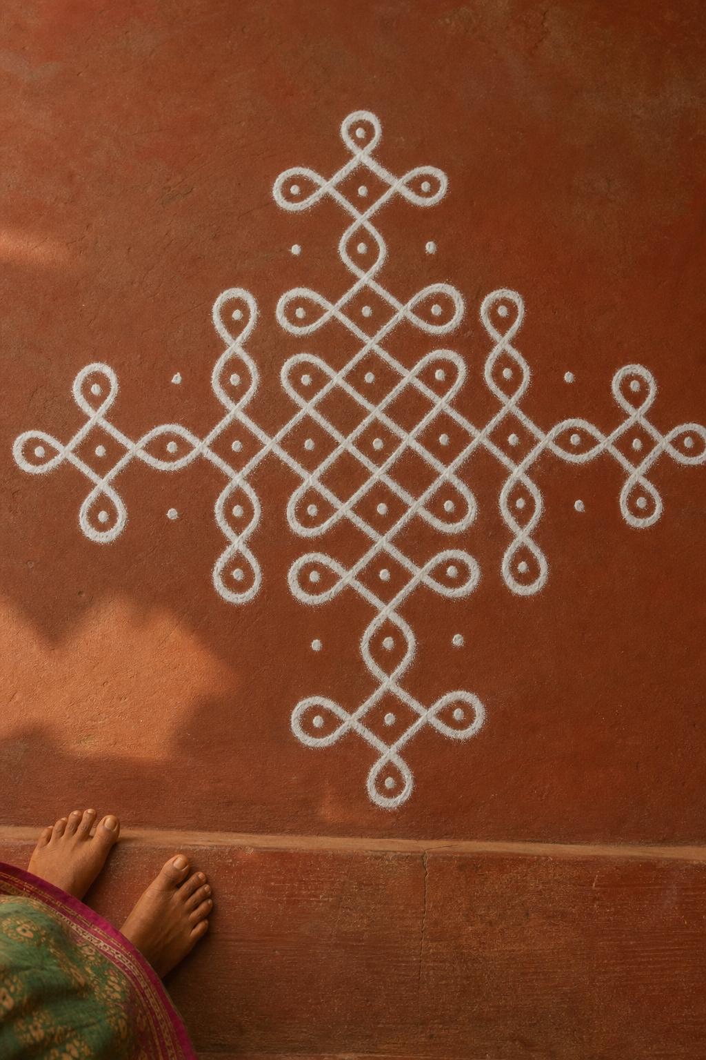A traditional Telugu muggu drawn in white rice flour on a terracotta doorstep at dawn