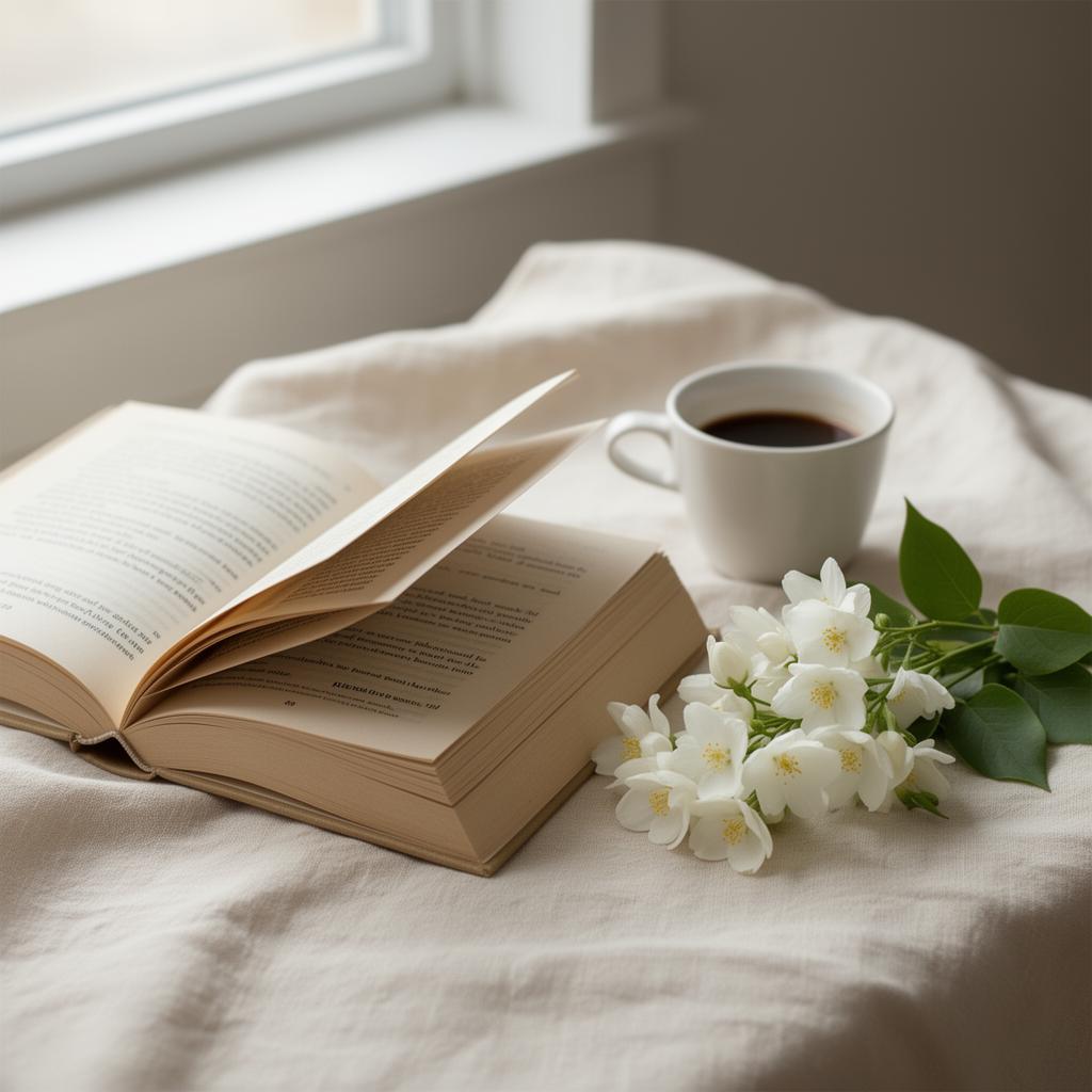An open hardcover book, a white ceramic cup of black coffee, and a sprig of jasmine on cream linen