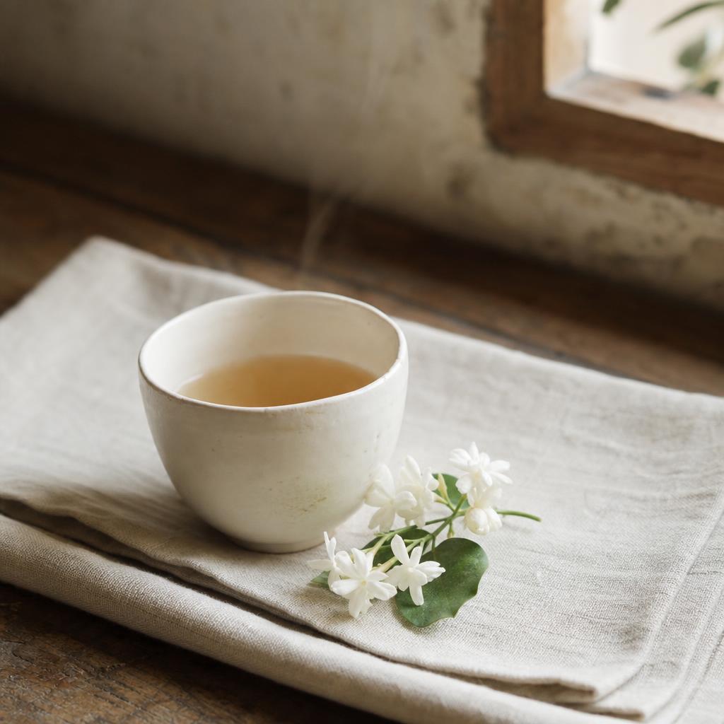 A ceramic cup of tea on cream linen beside a sprig of jasmine in soft morning light