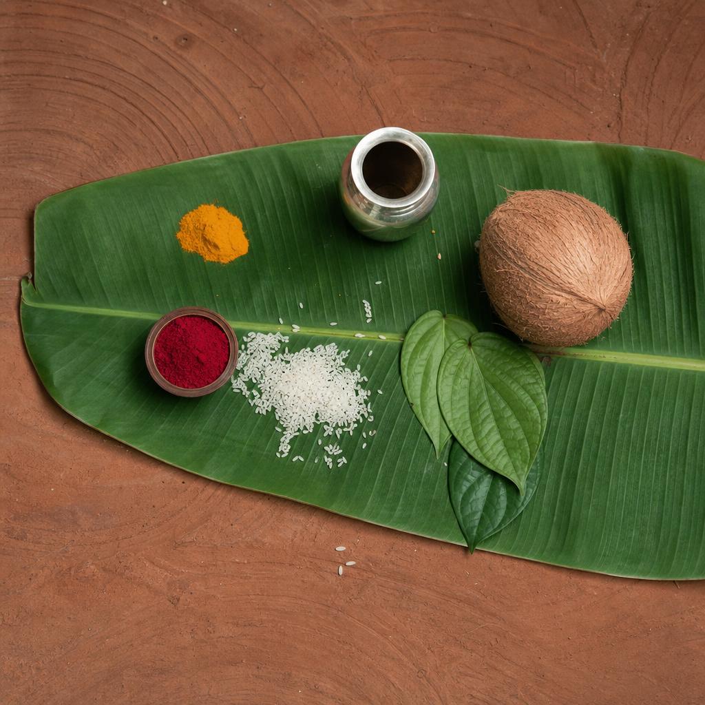 Banana-leaf flat-lay with turmeric, kumkum, rice, betel leaves and a silver vessel